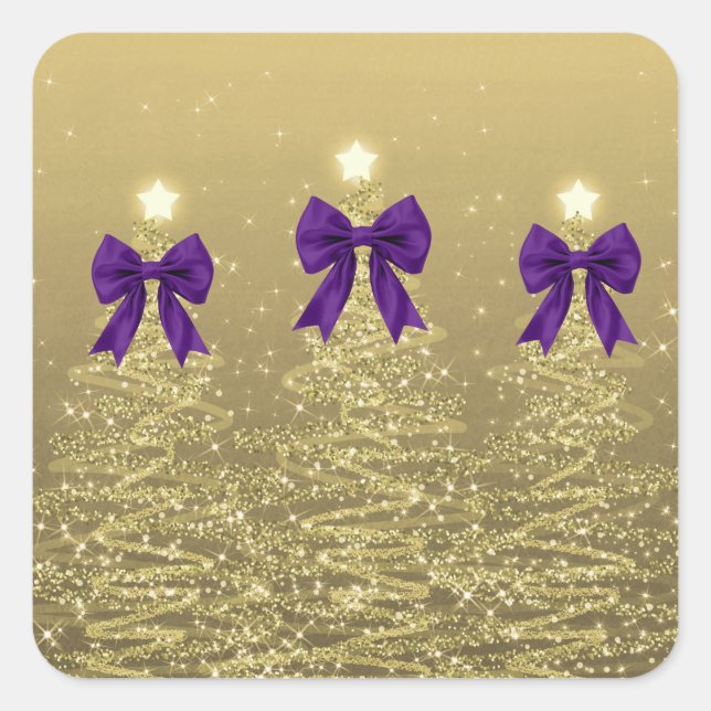 Pegatina Cuadrada Christmas Sparkling Trees Gold Faux Purple Bow  (Anverso)