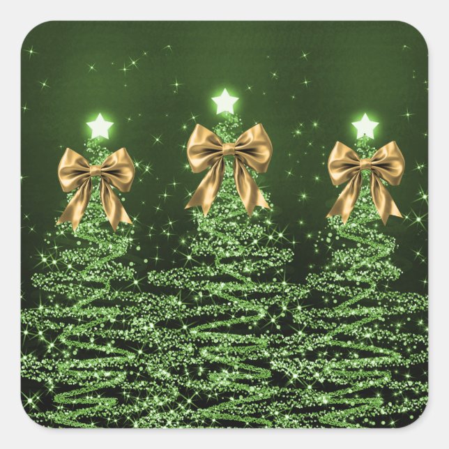 Pegatina Cuadrada Christmas Sparkling Trees Green Faux Gold Bow  (Anverso)