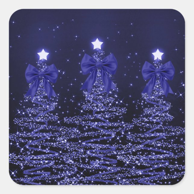 Pegatina Cuadrada Christmas Sparkling Trees Navy Blue Faux Bow  (Anverso)