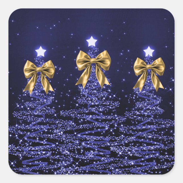 Pegatina Cuadrada Christmas Sparkling Trees Navy Blue Faux Gold Bow  (Anverso)