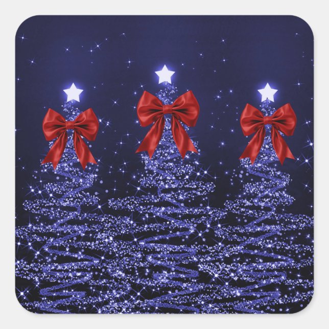 Pegatina Cuadrada Christmas Sparkling Trees Navy Blue Faux Red Bow  (Anverso)