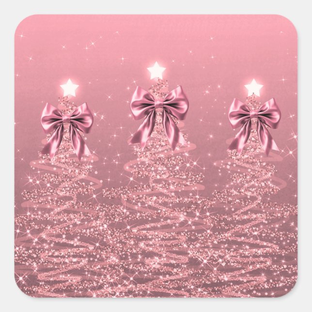 Pegatina Cuadrada Christmas Sparkling Trees Pink Blush Faux Bow  (Anverso)