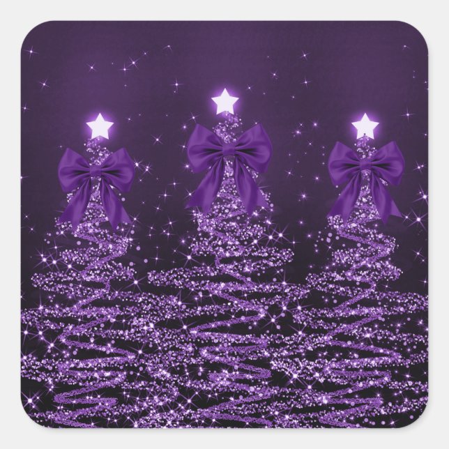 Pegatina Cuadrada Christmas Sparkling Trees Purple Faux Bow  (Anverso)