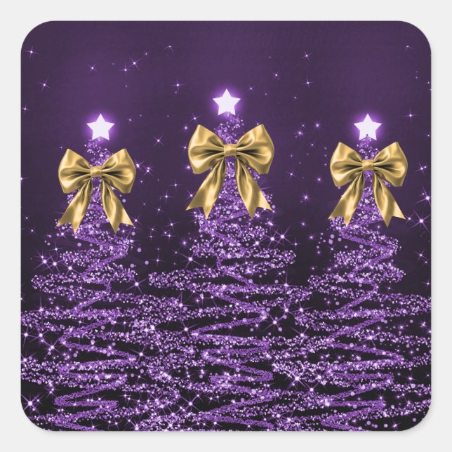 Pegatina Cuadrada Christmas Sparkling Trees Purple Faux Gold Bow  (Anverso)