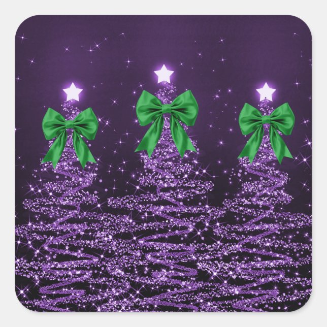 Pegatina Cuadrada Christmas Sparkling Trees Purple Faux Green Bow  (Anverso)