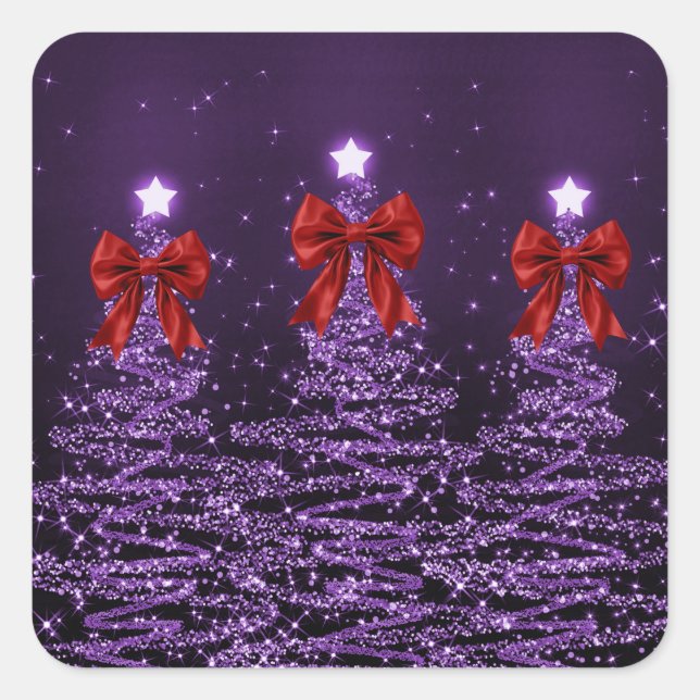 Pegatina Cuadrada Christmas Sparkling Trees Purple Faux Red Bow  (Anverso)