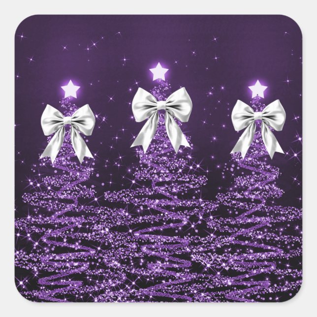 Pegatina Cuadrada Christmas Sparkling Trees Purple Faux Silver Bow  (Anverso)