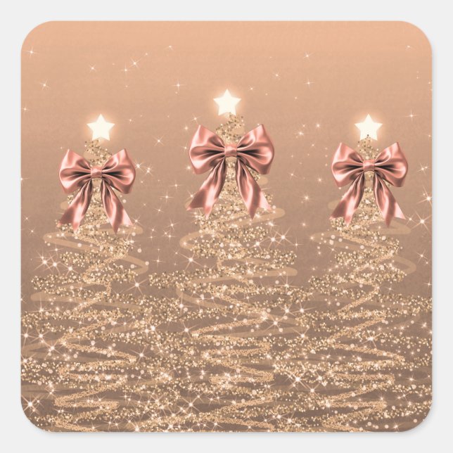 Pegatina Cuadrada Christmas Sparkling Trees Rose Gold Faux Bow  (Anverso)