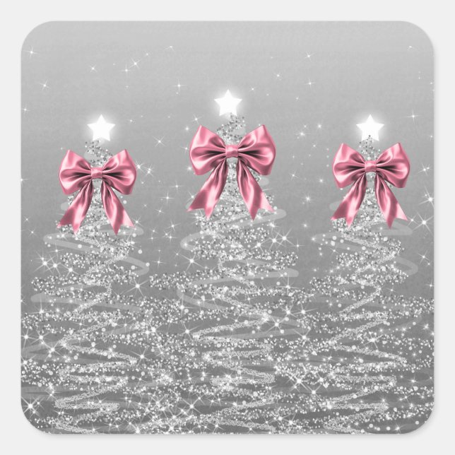 Pegatina Cuadrada Christmas Sparkling Trees Silver Faux Pink Bow  (Anverso)