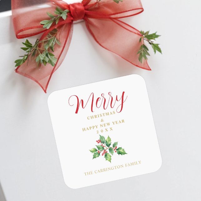 Pegatina Cuadrada Christmas Sprig Holly Green Leaves & Red Berries (Christmas Sprig Holly Green Leaves & Red Berries Square Stickers.)