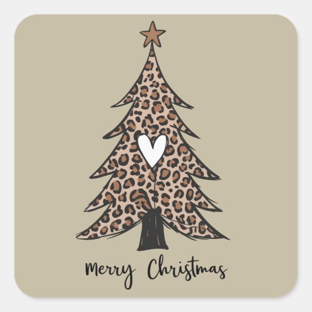 Pegatina Cuadrada Christmas Tree Heart Leopard Gift Xmas Holiday (Anverso)