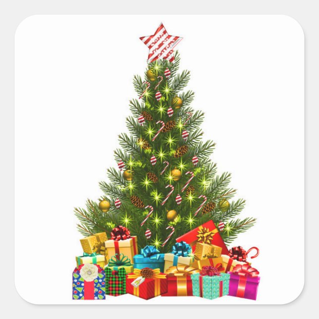 Pegatina Cuadrada Christmas tree with decorations and gift boxes (Anverso)