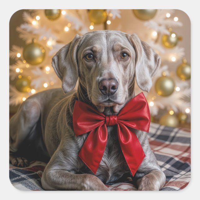 Pegatina Cuadrada Christmas Weimaraner Dog With Red Bow (Anverso)