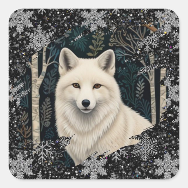 Pegatina Cuadrada Christmas white fox white wolf sparkling snowflake (Anverso)