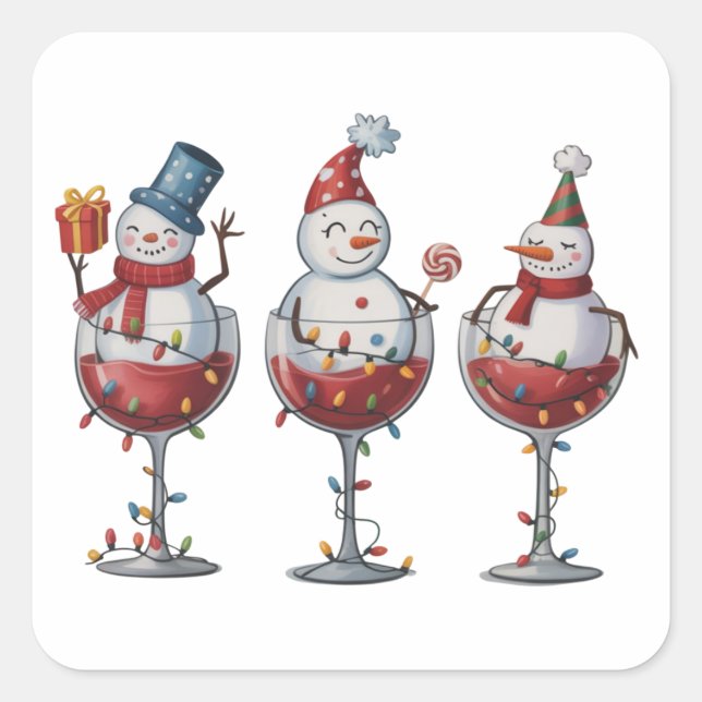 Pegatina Cuadrada Christmas Wine Snowmen Holiday Spirits Xmas (Anverso)
