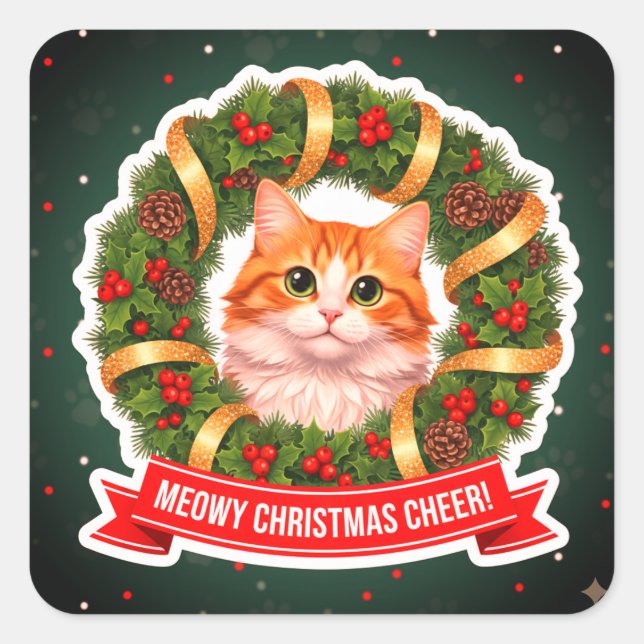 Pegatina Cuadrada Christmas Wreath Cat Sticker – Cute Festive Kitty (Anverso)
