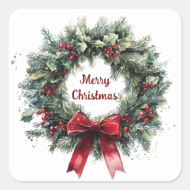 Pegatina Cuadrada Christmas Wreath Holly Leaves Red Bow Greenery  (Anverso)
