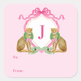 Pegatina Cuadrada Christmas Wreath Leopard Crest Monogram 