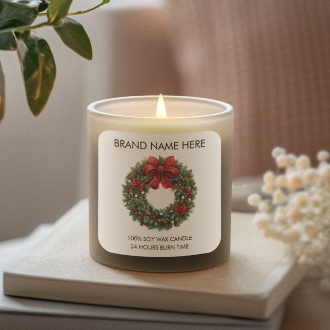 Pegatina Cuadrada Christmas Wreath Red Bow | Modern Candle Labels (Subido por el creador)
