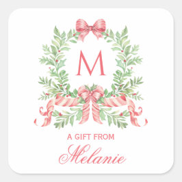 Pegatina Cuadrada Christmas Wreath w/ Bow | Monogram