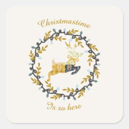 Pegatina Cuadrada Christmastime Deer & Wreath Yellow Cream       