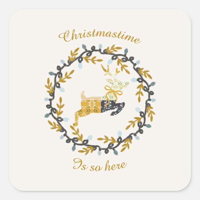 Pegatina Cuadrada Christmastime Deer & Wreath Yellow Cream        (Anverso)
