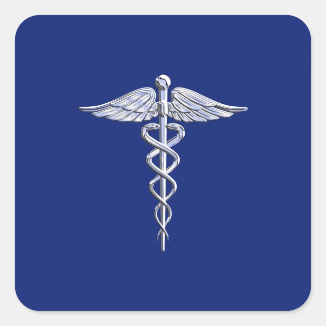 Pegatina Cuadrada Chrome como Caduceus Símbolo médico Navy Deco azul (Anverso)