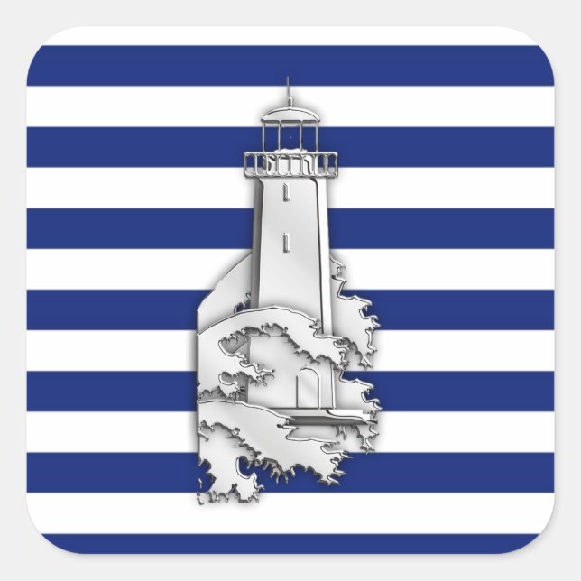 Pegatina Cuadrada Chrome Like Lighthouse on Nautical Stripes (Anverso)