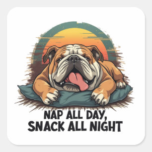 Pegatina Cuadrada Chubby Bulldog Inglés Nap And Snack