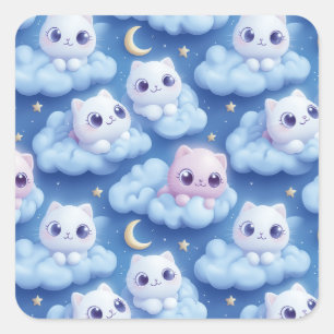 Pegatina Cuadrada "Chubby Kawaii Gats and Clouds 3D Seamless Pattern