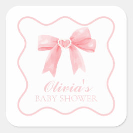Pegatina Cuadrada Chupinada de bebé preppy con lazo rosa y gingham