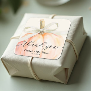 Pegatina Cuadrada Chupito de calabaza con lazo de marfil Baby Shower