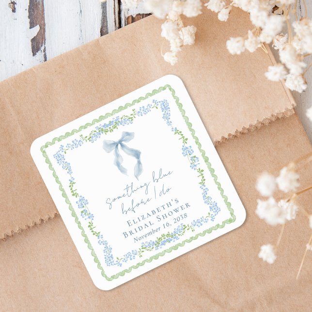 Pegatina Cuadrada Chuva de Noiva com Lazo Azul (Something Blue Bow Bridal Shower Square Sticker)