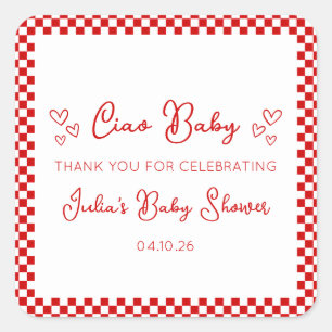 Pegatina Cuadrada Ciao Baby! Agradecimiento de Baby Shower Rojo Ital