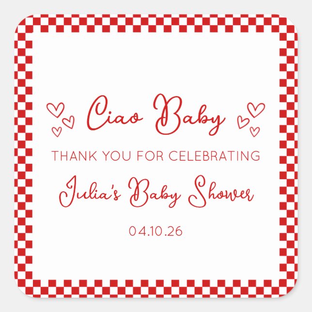 Pegatina Cuadrada Ciao Baby! Italian Red Baby Shower Thank You (Anverso)