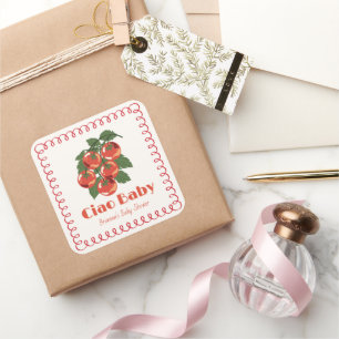 Pegatina Cuadrada Ciao Baby Tomate Rojo Italiano Doodle Baby Shower