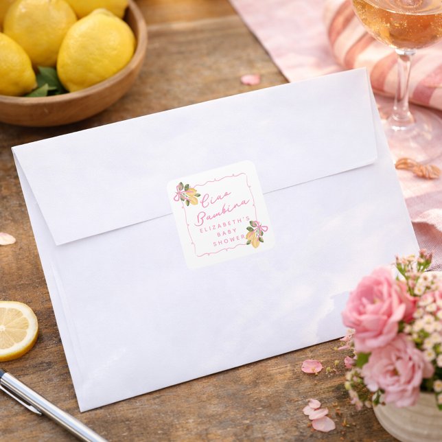 Pegatina Cuadrada Ciao Bambina Pink Ribbon Yellow Lemon Baby Shower (Ciao Bambina Pink Ribbon Yellow Lemon Baby Shower Square Sticker)