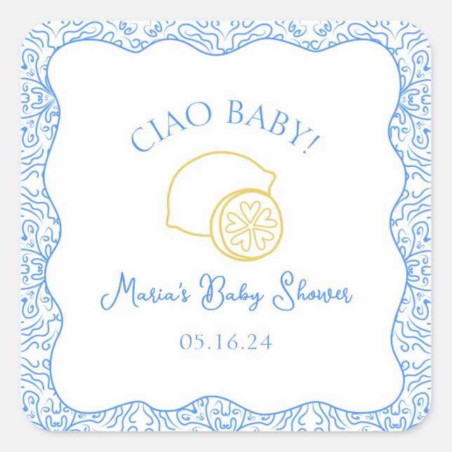 Pegatina Cuadrada ¡Ciao Bebé! Baby Shower italiano Lemon Blue (Anverso)