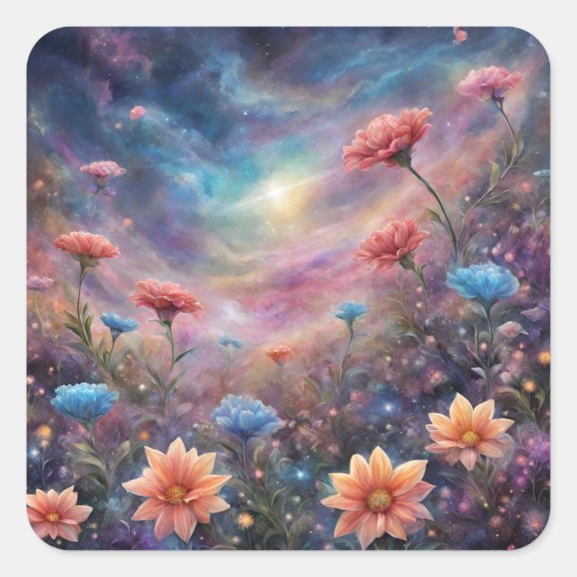 Pegatina Cuadrada Cielo cósmico con flores de fantasía (Anverso)