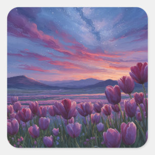 Pegatina Cuadrada Cielo Nocturno Estrellado Sobre el Prado de Tulipa