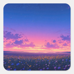 Pegatina Cuadrada Cielo Nocturno Estrellado Sobre Flores Silvestres 