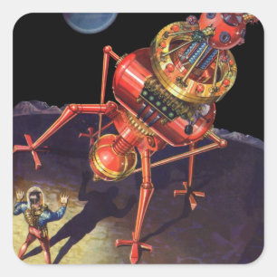 Pegatina Cuadrada Ciencia Ficción Vintage Astronauta con Robot Alien