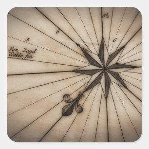 Pegatina Cuadrada Cierre del rosa de viento en el mapa antiguo