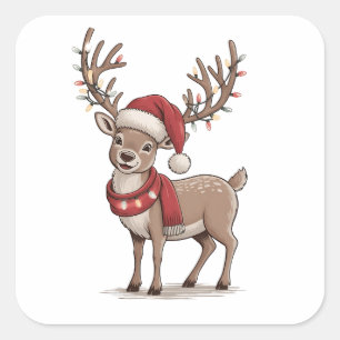 Pegatina Cuadrada Ciervo Animal Navidad Ciervo Sombrero Santa Navida