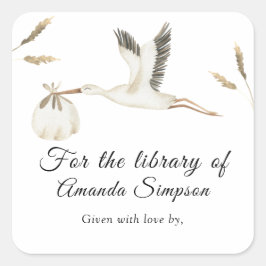 Pegatina Cuadrada Cigüeña de Baby Shower, libros para bebé