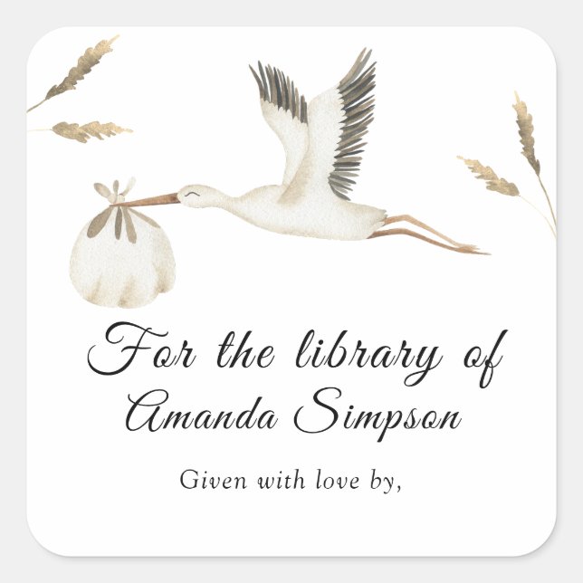 Pegatina Cuadrada Cigüeña de Baby Shower, libros para bebé (Anverso)