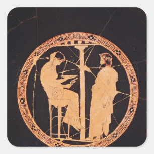 Pegatina Cuadrada Cilix ateniense de figuras rojas que representa a 