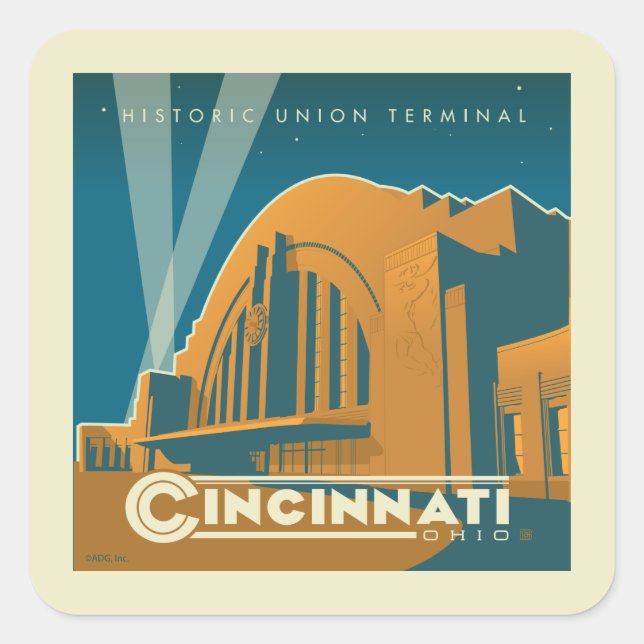 Pegatina Cuadrada Cincinnati, Ohio | Terminal de la Unión histórica (Anverso)