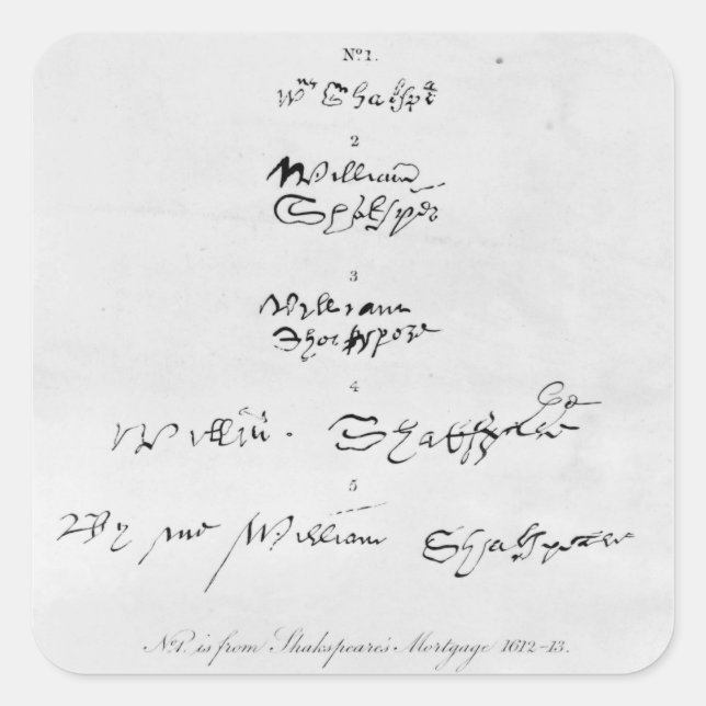 Pegatina Cuadrada Cinco auténticas autógrafas de William Shakespeare (Anverso)