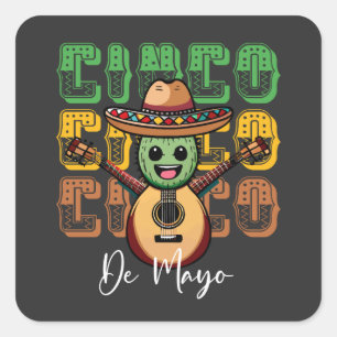 Pegatina Cuadrada Cinco De Mayo Cactus Mexicano Divertido Tocando Gu